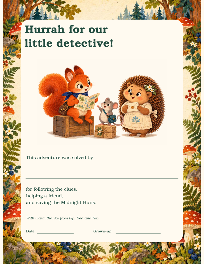 Actual printable detective certificate with Pip, Nib and Bea