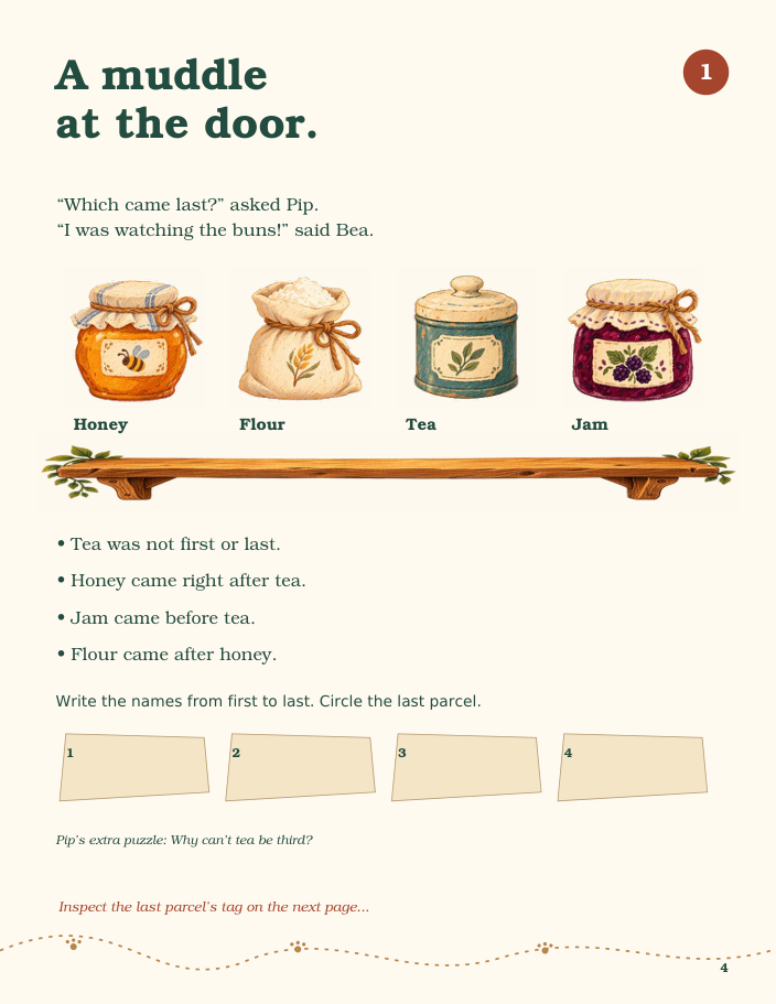 Actual printable page: A muddle at the door with four pencil-illustrated parcels