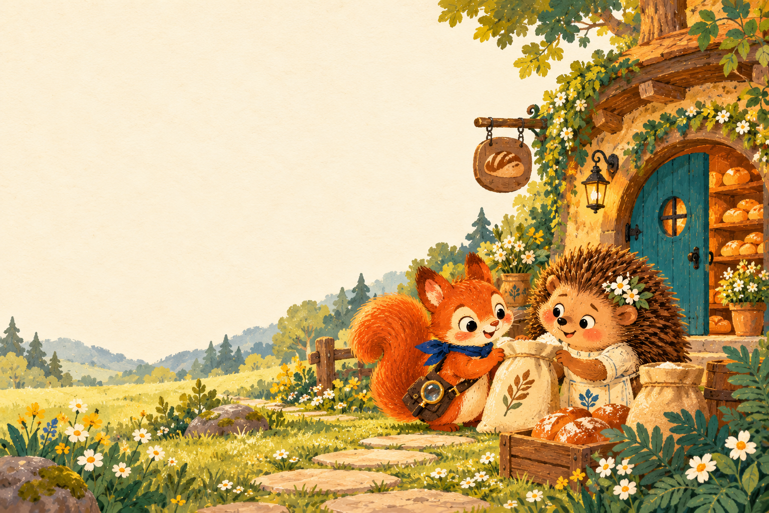 Pip the squirrel and Bea the hedgehog outside their cozy woodland bakery